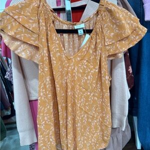 a new day Orange Floral Blouse with Ruffle Sleeves